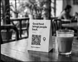 Café table with a QR stand and a glass of chai